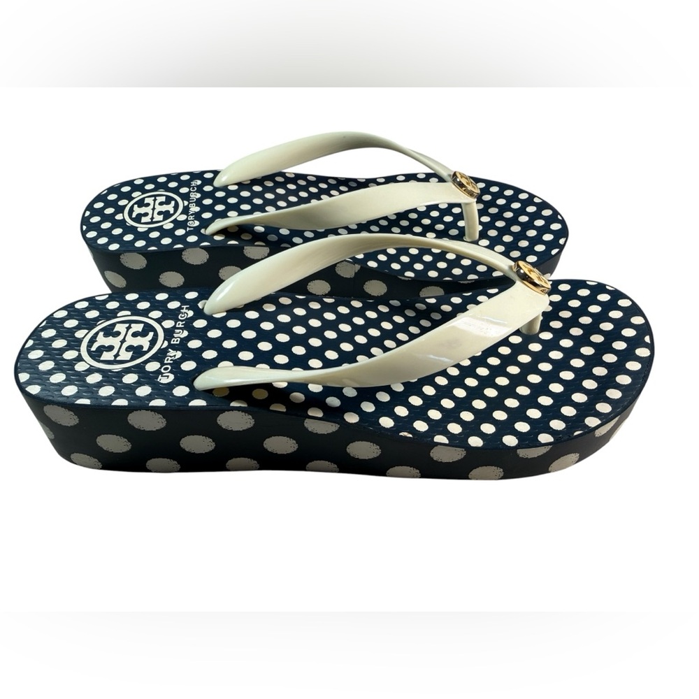 Tory Burch Navy and White Polka Dot Wedge Sandals Flip Flop -Size 8 - like new - Picture 4 of 6